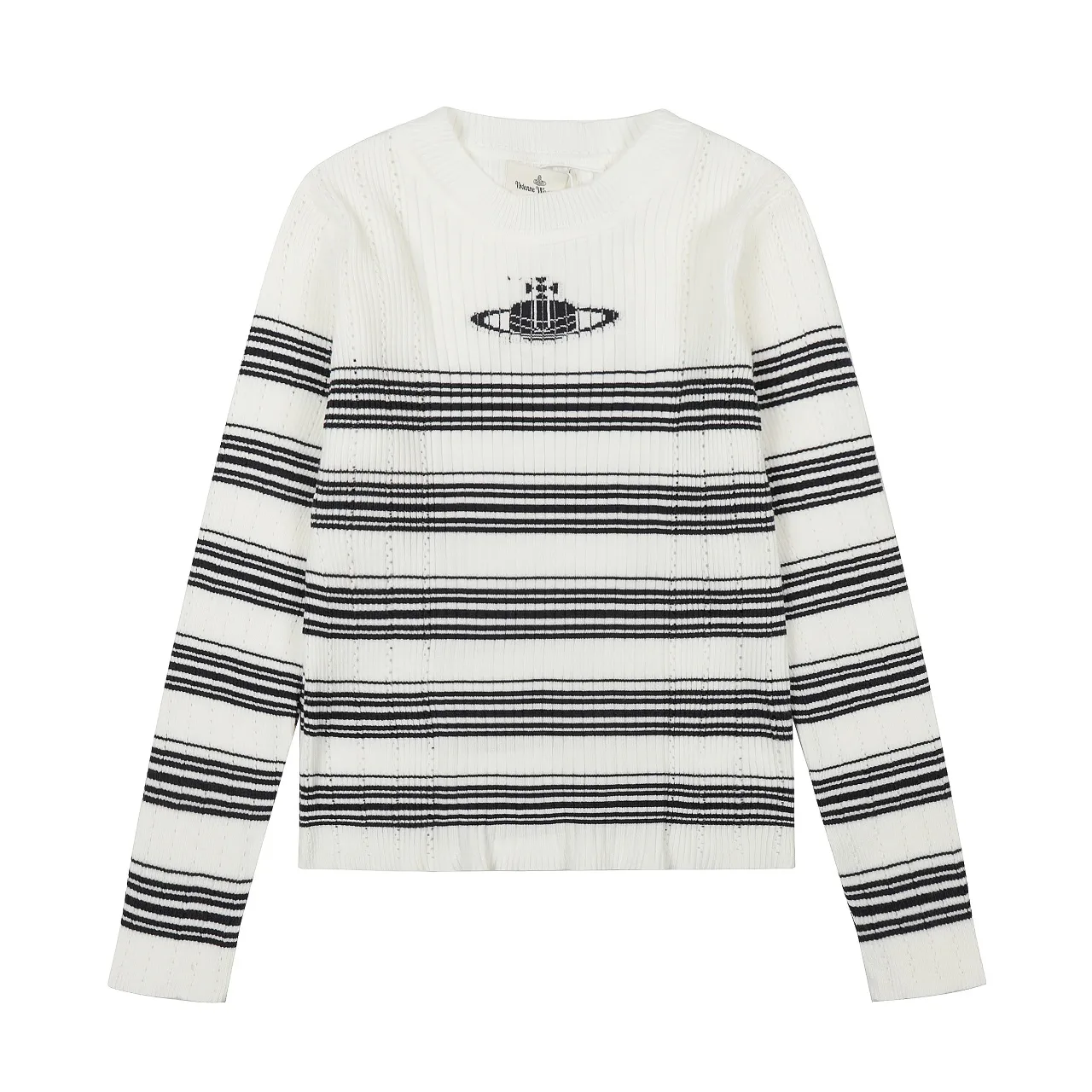 vivienne west wood 25 early autumn new style Queen Mother West classic Saturn jacquard striped round neck wool sweater long-sleeved sweater. The fabric is soft, waxy and elastic. It is versatile and slim. Style number: V418. Wholesale price: Size: One size fits all. Color: White Royal Blue